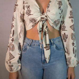 BLUSA CROPPED COM MANGAS DE LINHO FLAT COM ELASTANO