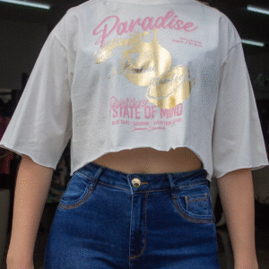 T-SHIRT CROPPED FEMININA BRANCO PARADISE TAM U